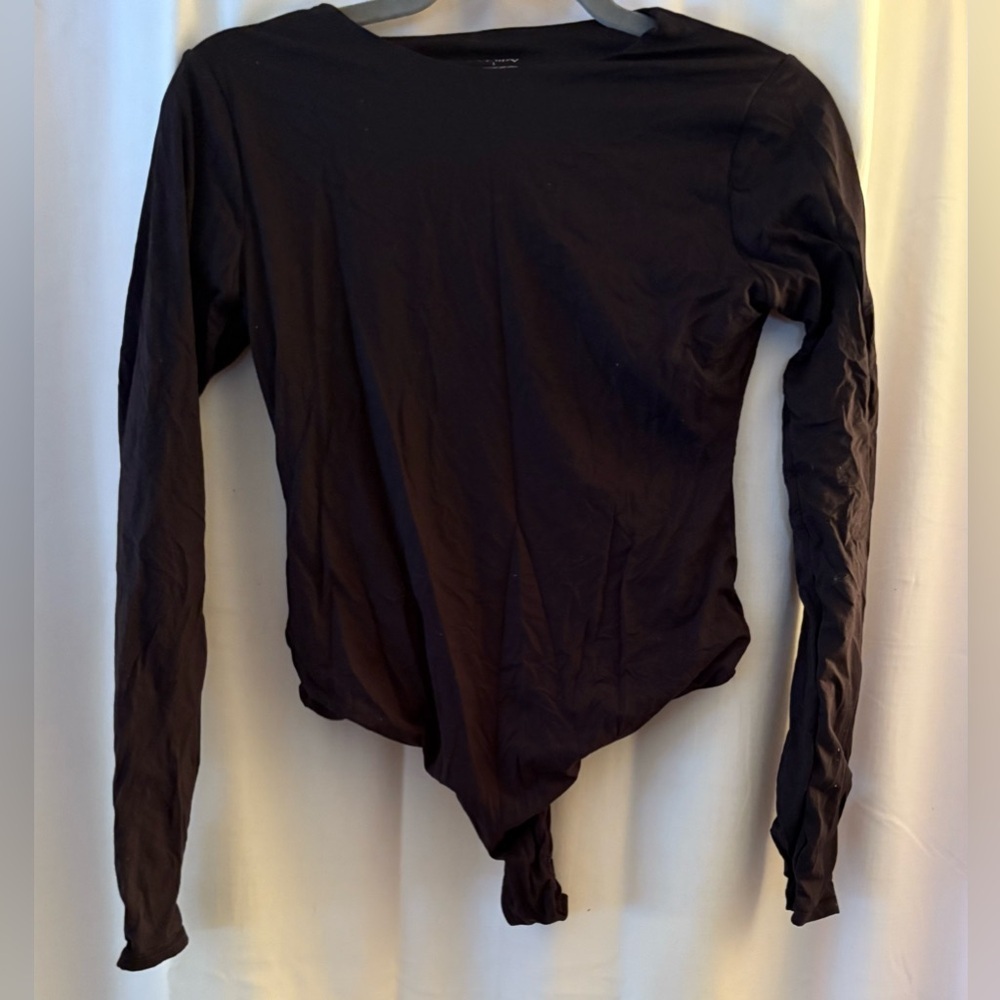 Pumiey Women’s Black Scoopneck Long Sleeve Bodysuit, Poly/Elastane; Size L